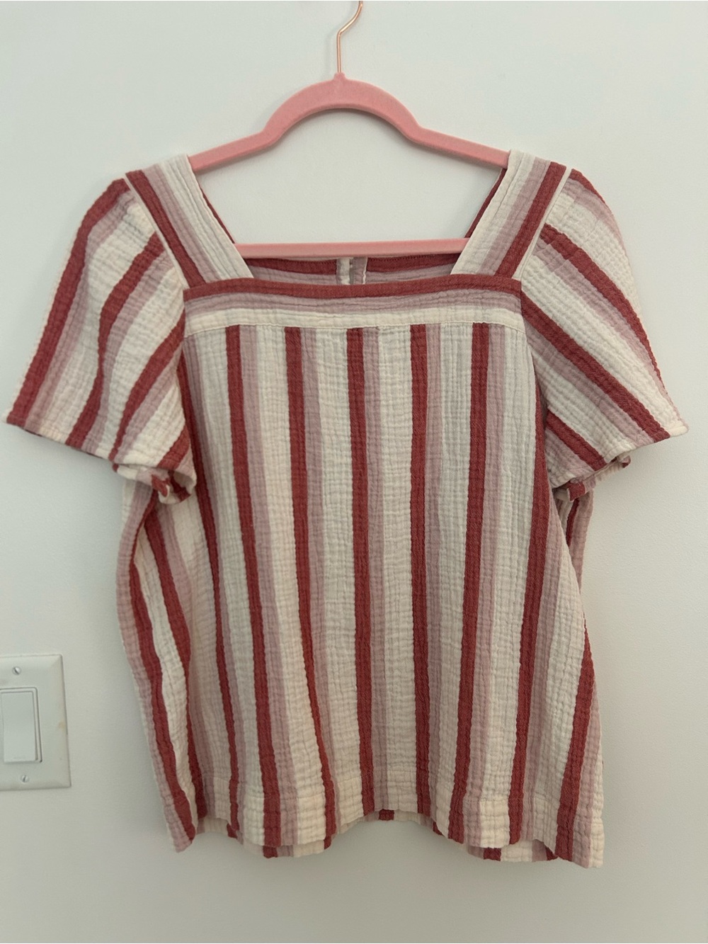 Madewell Womens Small Striped 100% Cotton Gauze Square Neck Short Sleeve Top